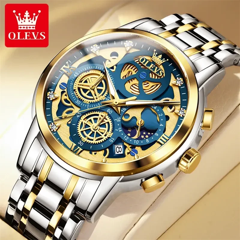 Olevs 9947 Chronograph Two-tone Blue Dial Luxury Men's Watch